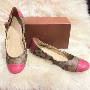 Coach Callie Signature Logo Red Leather & Khaki Fabric Ballet Flat Size 7.5